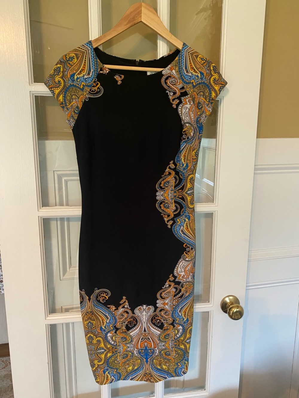 Cache Black Midi Dress with Blue and Gold Paisley Trim